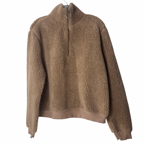 Topshop Quarter Zip Fleece Teddy Sweatshirt In Tan Pullover Jacket  Size 12 - Picture 2 of 7